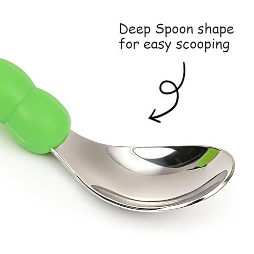 Toddler Utensils, Stainless Steel Baby Forks and Spoons Set Caterpillar Silicone Handle, Kids Silverware with Portable Storage Case, Baby Feeding Essentials, Dishwasher Safe (Green) - color: Green