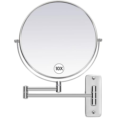 Large Size 9-in Wall Mounted Magnifying Makeup Mirror 1X/10X Magnification,Extendable Bathroom Mirrors Wall Mount Vanity Mirror for Shaving,12-in Folding Arm,Flexible Adjustable,Space-Saving,No Light - color: Silver-wall Mounted-10x