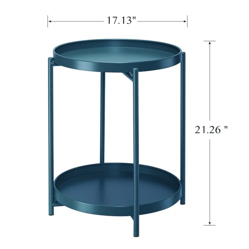 danpinera 2-Tier End Table, Outdoor Side Table Metal Round Side Table with Removable Tray, Small Accent Table, Anti-Rust Nightstand for Bedroom Balcony Patio Living Room (Navy Blue) - color: Navy Blue