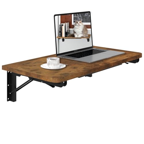 TEAMIX Wall Mounted Folding Table, Rustic Brown Floating Wall Desk for Small Spaces, Drop Leaf Dining Table for Kitchen Fold Down Laundry Shelf with Heavy-Duty Brackets - color: Brown, size: 23.6"W x 11.8"D