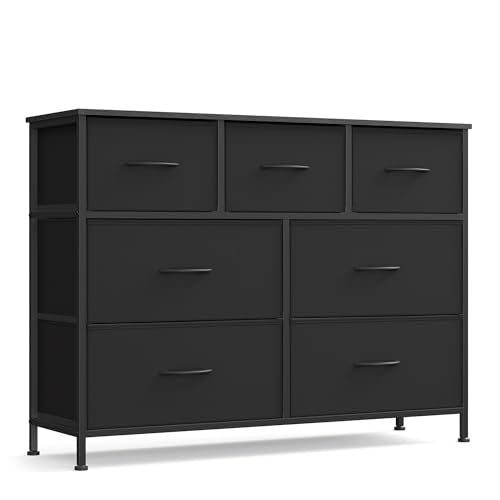 SONGMICS BELLAH Collection - Dresser for Bedroom, Chest of Drawers, Storage Organizer Unit, Closet, Entryway, Steel, 7 Drawers, Modern, Ink Black and Ebony Black ULGS323B01S - color: Ink Black + Ebony Black, size: 11.8"D x 38.9"W x 29"H (7 Drawers)