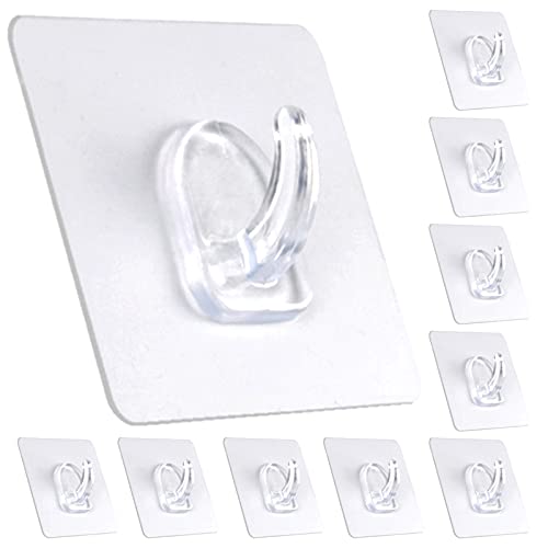 Adhesive Hooks, Heavy Duty Utility Hooks 20 lb(Max) Waterproof and Oilproof Removable, Clear Seamless Hooks Reusable Wall Hook for Kitchen Bathroom Bedroom Office - 10 Pack