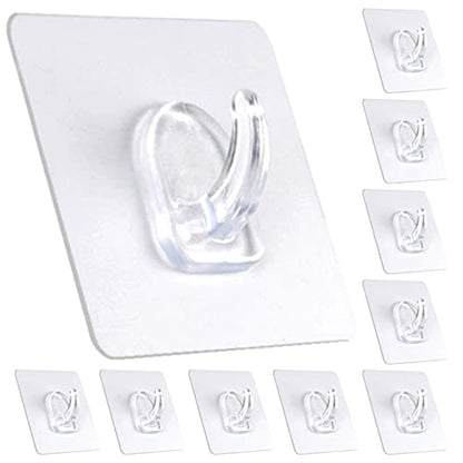 Adhesive Hooks, Heavy Duty Utility Hooks 20 lb(Max) Waterproof and Oilproof Removable, Clear Seamless Hooks Reusable Wall Hook for Kitchen Bathroom Bedroom Office - 10 Pack