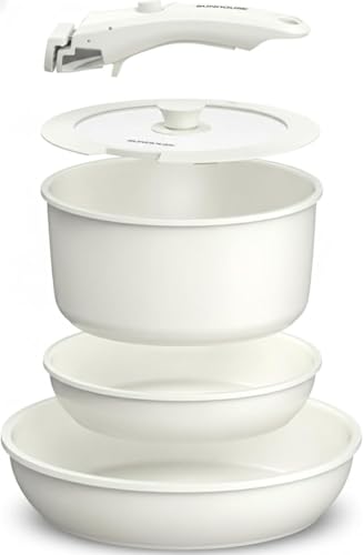 Sunhouse 5-Piece Ceramic Pots and Pans Set Non Stick, Nonstick Kitchen Cookware Sets, Non Toxic Pots and Pans Set Non Stick, PFAS PFOA & PTFE Free, Detachable Handle Pots and Pans, Camping RV Cookware