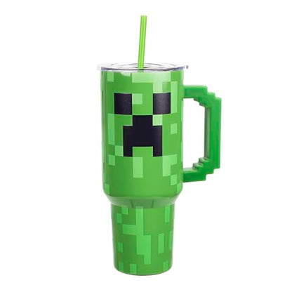 Bioworld Minecraft Creeper Ultimate 40 Oz. Stainless Steel Tumbler With Pixelated Handle - color: Minecraft Creeper Ultimate Green
