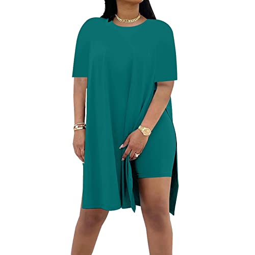 AXOSY Women Plus Size 2 Piece Outfits | Short Sleeve Tunic Tops, Skinny Biker Shorts, Comfortable Tracksuits, Soft Summer Sets, Breathable Material - color: Peacock Blue, size: Medium