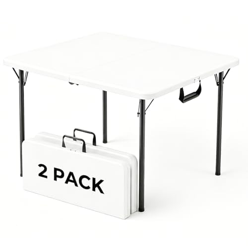 36" Square Folding Table 2 Pack, Portable Card Table with Built-in Handle, Heavy Duty Foldable Table No Assembly, for Camping, Picnic, BBQ, Party, Indoor Outdoor Use, White - color: White, size: 3FT-2pack