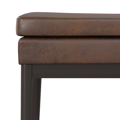 SIMPLIHOME Carlson Ottoman Bench - 45 inch Wide Upholstered Vegan Leather Rectangle Ottoman in Distressed Chestnut Brown, Mid Century Modern Bench for Bedroom or Living Room with Padded Seat - color: Distressed Chestnut Brown, style: Ottoman Bench