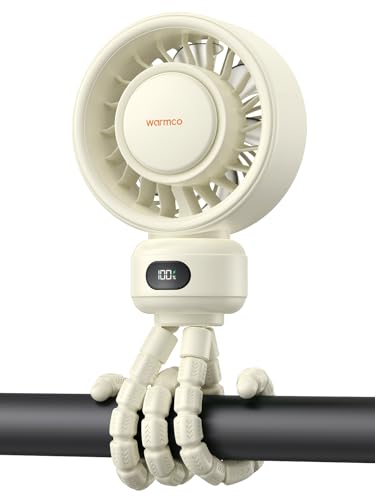 Warmco Portable Stroller Fan, 4000mAh Rechargeable Clip On Fan with Flexible Tripod (Up to 15H), 4 Speeds, LED Display, Detachable Grille, Quiet Operation, for Car Seat, Crib & Treadmill - color: White