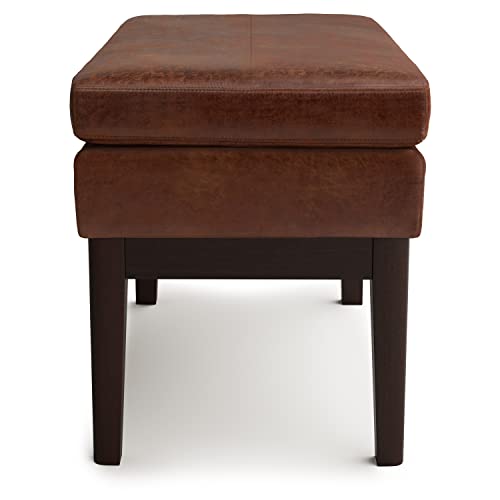 SIMPLIHOME Carlson Small Ottoman Bench - 27 inch Wide Upholstered Woven Fabric Rectangle Ottoman in Distressed Saddle Brown, Mid Century Modern Bench for Bedroom or Living Room with Padded Seat - color: Distressed Saddle Brown, style: Small Ottoman Bench