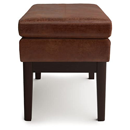 SIMPLIHOME Carlson Small Ottoman Bench - 27 inch Wide Upholstered Woven Fabric Rectangle Ottoman in Distressed Saddle Brown, Mid Century Modern Bench for Bedroom or Living Room with Padded Seat - color: Distressed Saddle Brown, style: Small Ottoman Bench