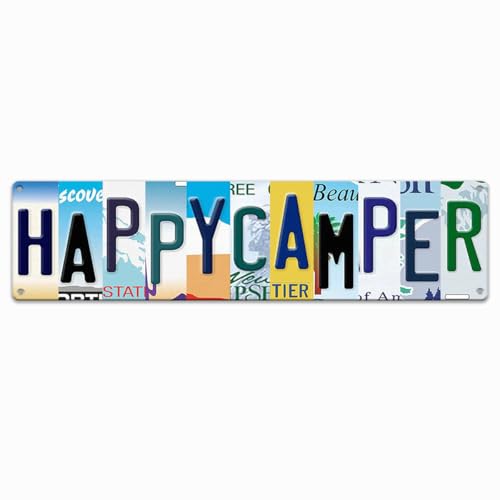 Happy Camper Metal Tin Sign - 4x16 Inches Vintage Camping Decor for RV, Wall Art, Road Signs Room Decor, Gifts for Camping Lovers, Inside & Outside Use