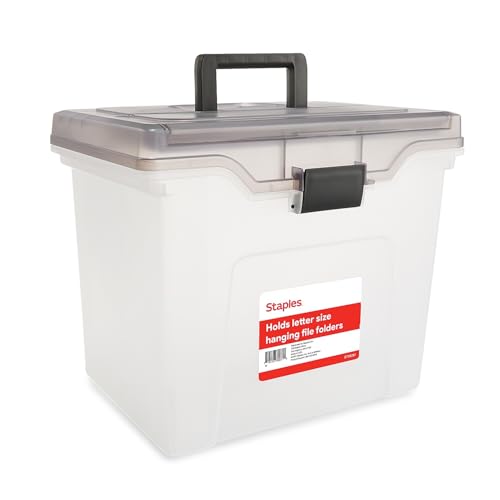 STAPLES File Box - Portable Letter-Size Storage Tote with Lid, Handle, Organizer Tray, Clear Plastic Filing Bin - color: Clear, size: 1 Pack, style: Portable