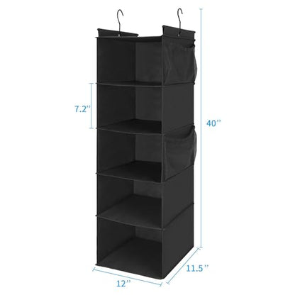 MAX Houser 5-Shelf Hanging Closet Organizer,Space Saver, Cloth Hanging Shelves with 4 Side Pockets,Foldable, Black - color: Black