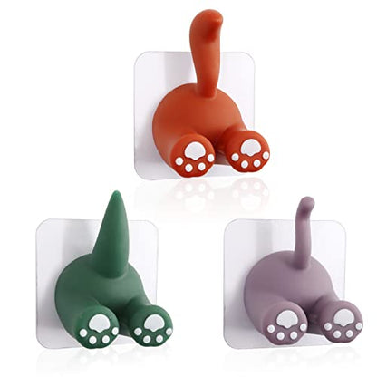 Yitexin 3 Pack Multi-Purpose Animal Tail Hooks, Cartoon Adhesive Wall Mount Hook, Cute Toothbrush Holder, Kitchen Bathroom Utility Hanger for Hanging Towel Key Hat, Cable Holder Organizer (3 Color)