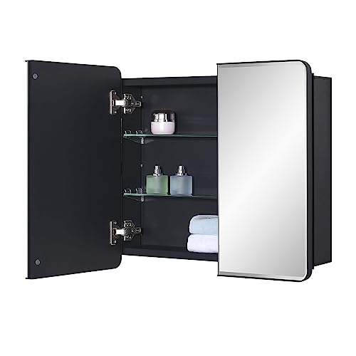IDYLLOR Black Bathroom Medicine Cabinet with Round Corner Framed Door and Beveled Edge Mirror 22 x 20 inch, Recessed or Surface Mount, with Adjustable Glass Shelves - size: 22 x 20 inch