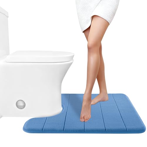 Yimobra Memory Foam Toilet Bath Mat U-Shaped, Soft and Comfortable, Super Water Absorption, Non-Slip, Thick, Machine Wash and Easier to Dry for Bathroom Commode Contour Rug, 24 X 20 Inches, Blue - color: Blue, size: 24" X 20"