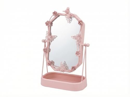 HSDDHOME Vintage Pink Gold Tabletop Makeup Mirror, Bird & Butterfly Decorative Vanity Mirror, 12.8” x 8.2” Retro Metal Standing Mirror for Dresser, Bedroom, and Bathroom (Pink) - color: Pink
