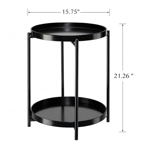 danpinera 2-Tier Round Side Table, Metal End Table with Removable Tray, Small Outdoor Table Accent Table, Anti-Rust Black Nightstand for Bedroom Balcony Patio (Black) - color: Black