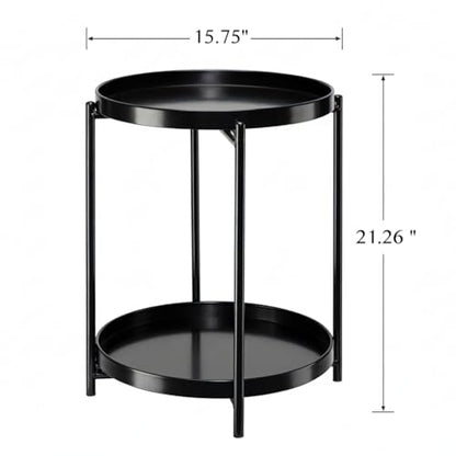 danpinera 2-Tier Round Side Table, Metal End Table with Removable Tray, Small Outdoor Table Accent Table, Anti-Rust Black Nightstand for Bedroom Balcony Patio (Black) - color: Black