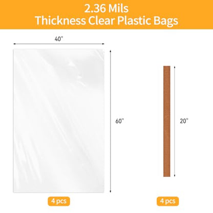Ohuimrt Extra Large Clear Plastic Bags, 40 x 60 Inch, 4 Pack | Reusable, Jumbo, Waterproof, Includes 4 Ties, For Luggage, Suitcase, Furniture, Chair Storage & Moving