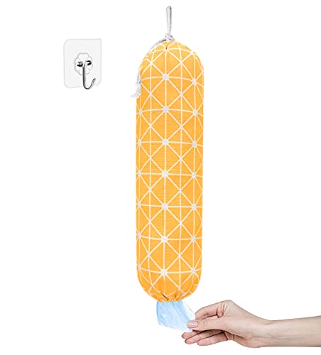 SYIPO Plastic Bag Holder Shopping Bags Carrier, Washable Large Grocery Bag Storage Dispenser for Home Kitchen Travelling, Free Adjustment with Drawstring, Yellow, 22x9 - color: yello