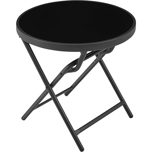 Yaheetech Outdoor Folding Side Table, Round Patio Folding End Table with Silk Tempered Glass Tabletop, Portable Small Garden Bistro Table for Garden Balcony Porch Deck, Black