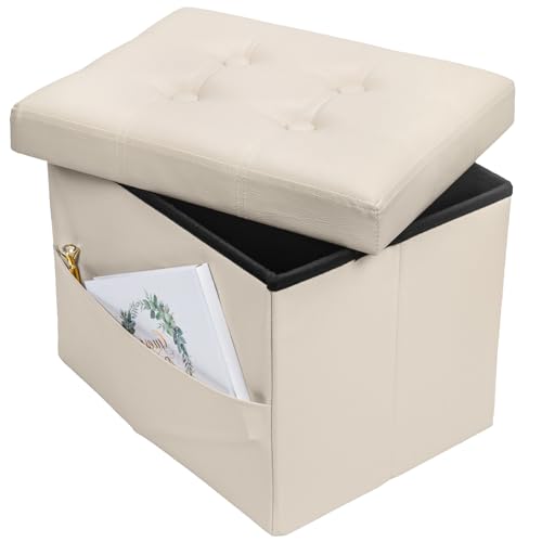 Bsketa Storage Ottoman Foot Rest Stool, Small Leather Storage Ottomans Bench, Folding Footstool with Side Pockets, Foot Rest Under Desk for Living Room Bedroom, 16x12x12 in, Beige - color: Beige-with Side Pockets.