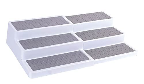 Oizeir 3–Tier Expandable Plastic Spice Rack - Adjustable Length, Stability with Non-Skid Shelf, Three Tiers for Easy Visibility, Organizer for Kitchen Cabinet, Pantry or Countertop, White/Grey - color: White/Grey, size: 1-Pack