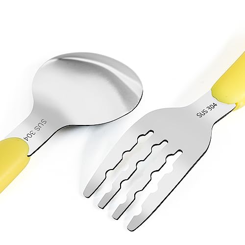 VANRA 2 Pieces Toddler Fork and Spoon Set with Travel Case 18/8 Stainless Steel Toddler Utensils Kids Silverware Children Flatware Child Cutlery Set for School Lunch Box (Yellow) - color: Yellow