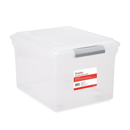 STAPLES Store & Slide Plastic File Box Latching, Letter/Legal Size, Clear, 4/Carton - color: Clear, size: 4 Pack, style: Box (Latch Lid)