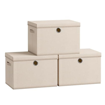SONGMICS Large Storage Bins with Lids, 41 Quart Fabric Closet Organizer, 3 Pack Foldable Storage Boxes, 16.9" L x 11.8" W x 11.8" H, Summer Sand URFB545LF01