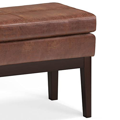 SIMPLIHOME Carlson Small Ottoman Bench - 27 inch Wide Upholstered Woven Fabric Rectangle Ottoman in Distressed Saddle Brown, Mid Century Modern Bench for Bedroom or Living Room with Padded Seat - color: Distressed Saddle Brown, style: Small Ottoman Bench