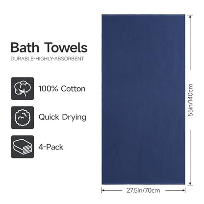 REDKISS 100% Cotton Waffle Weave Bath Towels 4 Pack - 27.5x55 Inches| Lightweight, Quick Dry & Highly Absorbent,Perfect for Spa, Gym, Travel, Guest Bathroom-Blue - color: Blue