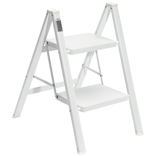 BOCOM 2 Step Ladder, Lightweight Portable Foldable Collapsible Folding Sturdy Iron Metal Step Stool with Anti-Slip Wide Pedal, Heavy Duty 330 lbs Capacity, for Home, Kitchen, Closet, Adults, White - color: White, size: 2-Step