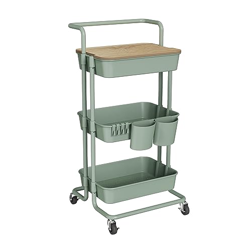 DTK 3 Tier Rolling Utility Cart with Cover Top Board, Movable Kitchen Storage Cart Trolley with Lockable Wheels, Cups, Hooks for Kitchen Bathroom Home Office Art Craft Storage(Turquoise/Green) - color: Green, size: Medium