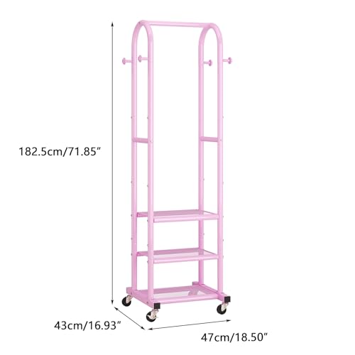 Dttwacoyh Metal Clothing Rack with Wheels and Hanging Hooks,Narrow Coat and Shoe Rack,Small Hall Tree,for Small Space, Bedroom, entryway, Walk-in Closet, Laundry Room– Pink - color: Pink