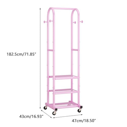 Dttwacoyh Metal Clothing Rack with Wheels and Hanging Hooks,Narrow Coat and Shoe Rack,Small Hall Tree,for Small Space, Bedroom, entryway, Walk-in Closet, Laundry Room– Pink - color: Pink