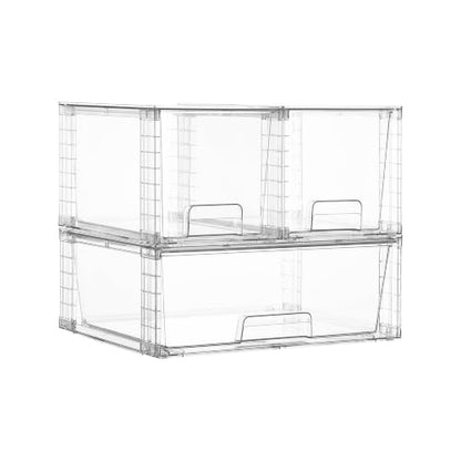Vtopmart 3 Pack Stackable Storage Drawers, Easily Assemble Clear Plastic Organizer Bins, 1 Wide Drawer and 2 Medium Drawers for Pantry, Kitchen Cabinet, Bathroom, Closet Organization and Storage - style: 1 Wide+2 Medium