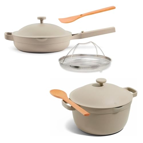 Our Place Cookware Duo | 7-Piece Ceramic Cookware Set with 10.5" Always Pan 2.0, 5.5 Qt Perfect Pot & Strainer Basket | Induction & Oven Safe up to 450°F | Nonstick, Non-Toxic Cookware | Steam - color: Steam, size: Standard
