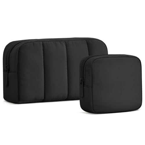 oscaurt 2 Pcs Makeup Bag Travel Toiletry Bag for Women Puffy Padded Cosmetic Pouch Purse Wide-open Makeup Organizer Case Travel Essentials - color: Black-Set