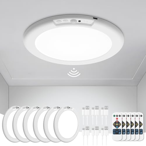 wowatt 6Pcs Battery Operated Ceiling Lights Rechargeable Motion Sensor Light Indoor Wireless Shower Light with Remote 3000K 4500K 6500K 7.48in Dimmable Timing Motion Activated Lamp for Closet Shower - color: 3CCT-Round, size: 6 Pack