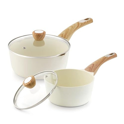 SENSARTE 2.0 & 3.0 Quart Ceramic Sauce Pan Sets with Lid, Cooking Pots Set, Nonstick Saucepan Set with Pour Spout, Small Kitchen Pot, Non toxic Saucepot, Induction Comptable, PFOA PTFE PFAS Free - color: Ceramic White, size: 2.0 + 3.0 Quarts