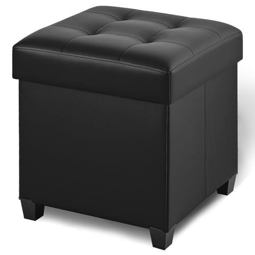 17.7" Ottoman with Storage, Square Storage Ottoman for Dorm, Faux Leather Ottomans with Legs for Living Room, Bedroom, Black - color: Black, Faux Leather, size: 17.7" x 17.7" x 19.9"