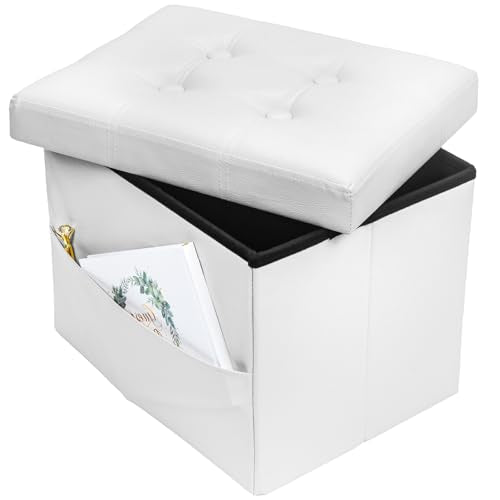 Bsketa Storage Ottoman Foot Rest Stool, Small Leather Storage Ottomans Bench, Folding Footstool with Side Pockets, Foot Rest Under Desk for Living Room Bedroom, 16x12x12 in, White - color: White-with Side Pockets.