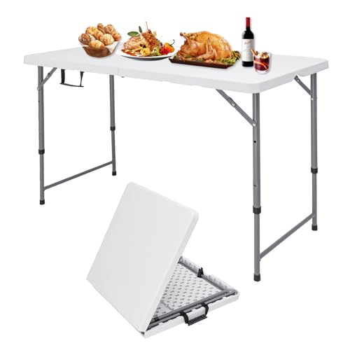 Folding Camping Table 4 Foot Adjustable Height 350lbs, 4FT Folding Picnic Card Table for Outdoor, Plastic Rectangular Dining Work Tables for Indoor, Heavy Duty Fold-in-Half Tray Tables - size: 4 FT