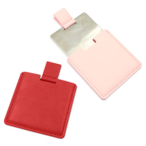 Huakaile 2Pcs Shatterproof Stainless Steel Compact Mirror for Purses, Unbreakable Mirror Travel with PU Leather Case Cover, Handheld Camping Shaving Mirror for Women & Men, Makeup, Gift (Pink & Red) - color: Pink & Red