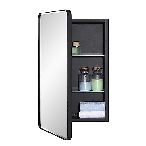 IDYLLOR Black Bathroom Mirror Medicine Cabinet with Round Corner Framed Door and Beveled Edge Mirror 15 x 25 inch, Recessed or Surface Mount, with Adjustable Glass Shelves - size: 15 x 25 inch