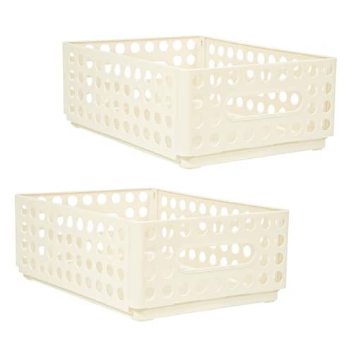 SAYEEC 2 Pack Mini Foldable Plastic Baskets for Organizing Collapsible Crate with Handle Stackable Storage Bin Small Storage Container Box Caddy Desk Drawer Organizer for Home Office Classroom (Beige) - color: Beige