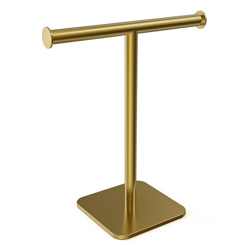 RUACQ Hand Towel Holder Stand, T-Shape Stainless Steel Free Standing Towel Rack, Vanity Countertop Towel Holder for Bathroom Kitchen Heavy Duty (Brushed Gold) - color: Brushed Gold, size: Short - 12''